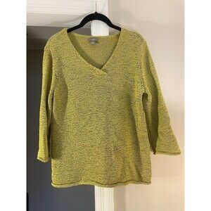 Medium J. Jill V-Neck 3/4 Sleeve Cotton Chartreuse Green Sweater Minimalist Cozy